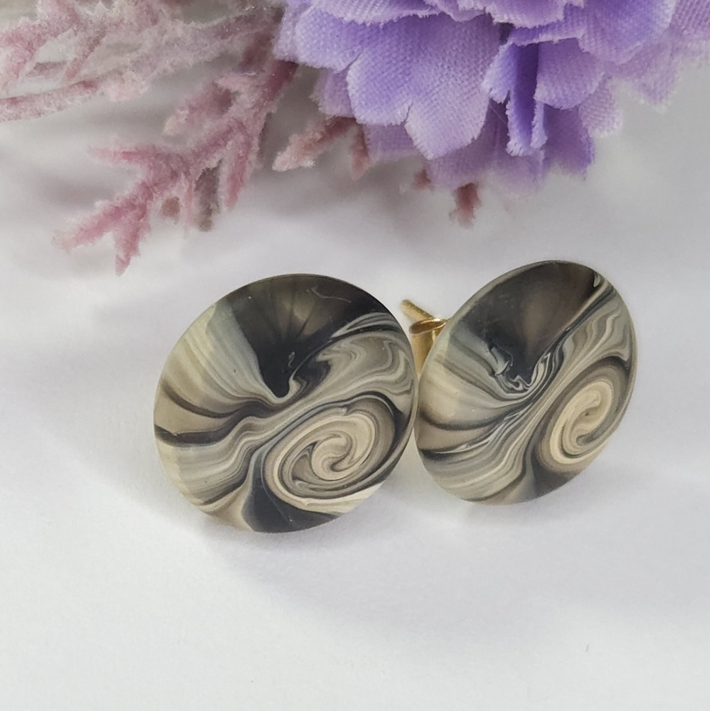 White Silver & Black Swirl Resin Gold Plated Post Earrings - Picture 6 of 9